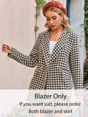 Simplee Office plaid shawl collar women blazer autumn Elegant houndstooth high waist pleated skirt Long sleeve pocket blazer