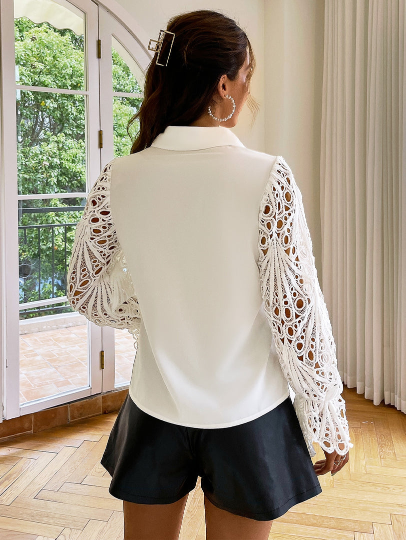 Simplee Hollow out long sleeves sexy white shirt