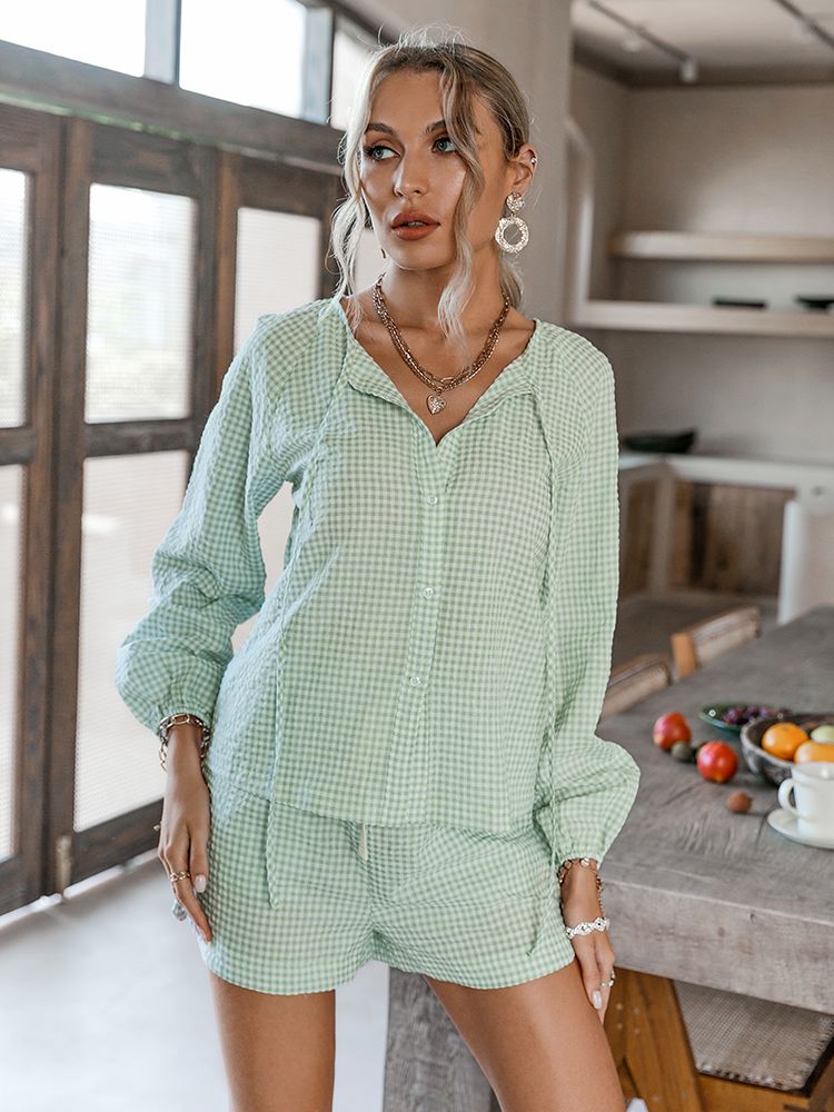 Simplee Casual Green Plaid Two-piece Women Suit Summer