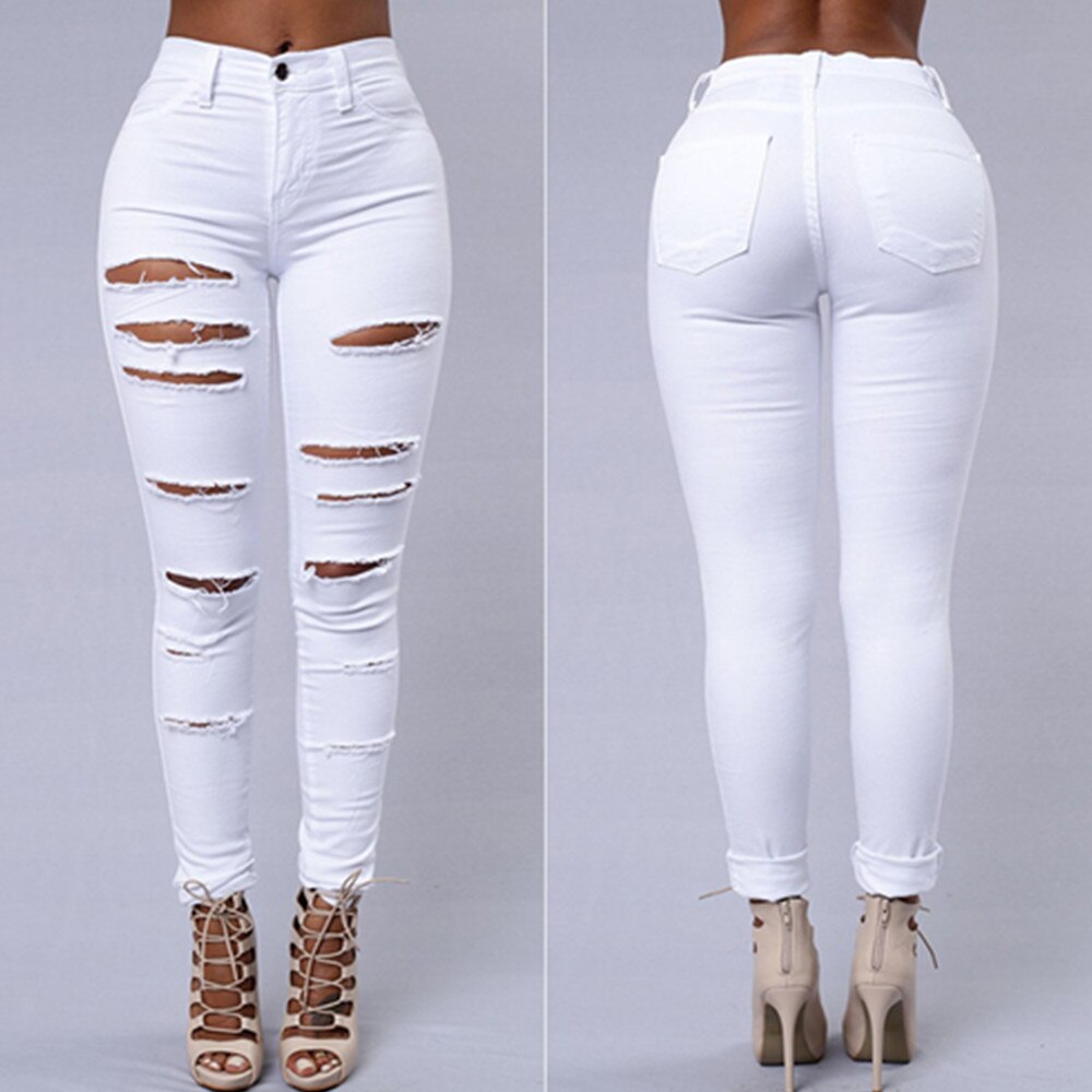 White Hole Ripped Jeans Hight Waist Skinny Bodycon Sexy Trousers Pencil Pants