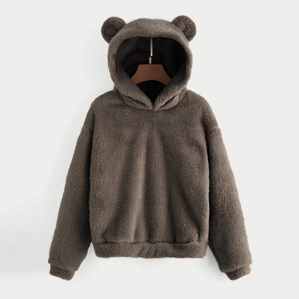 Fluffy hoodies Women kawaii Sweatshirt cute bear ear cap Autumn Winter Warm pullover Long Sleeve outwear Fleece coat moletom new