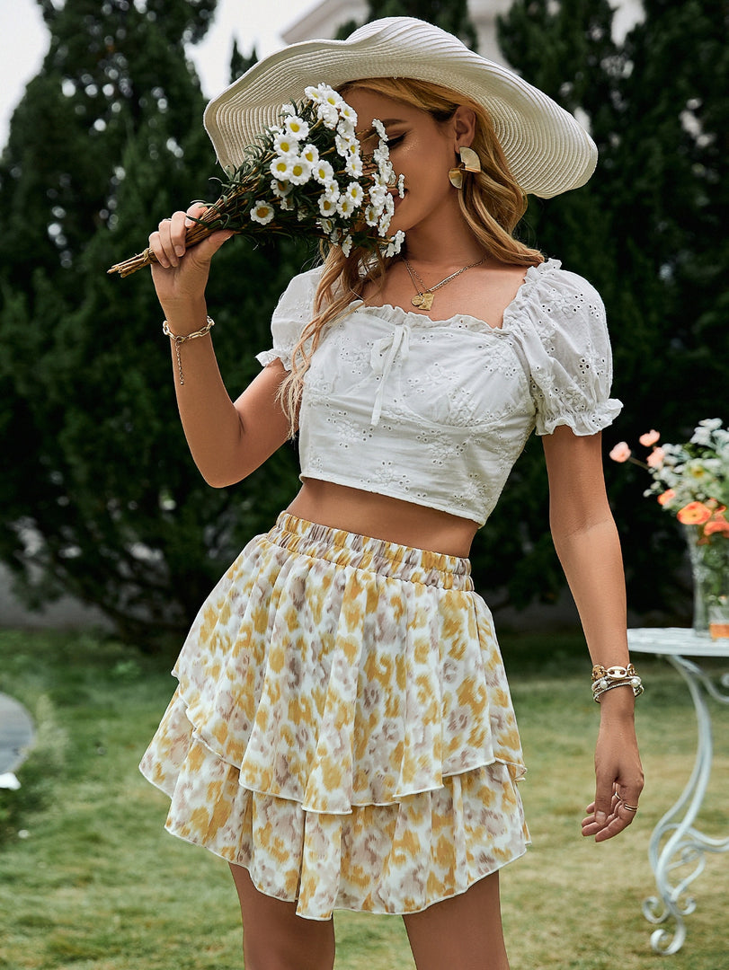 Simplee Floral emboridery boho elastic casual skirt