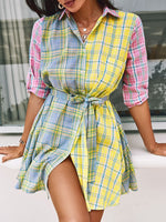 Load image into Gallery viewer, Plaid Print Colorblock Half Sleeve Shirt Dress Women Buttoned Casual Mini Dress
