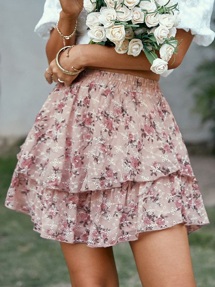 Simplee Floral emboridery boho elastic casual skirt