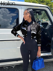 KLALIEN Fashion Casual Slim Coat Women Autumn Simple Print Letter Baseball Uniform Jacket Female Streetwear Sportswear Y2K