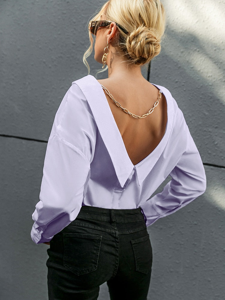 Simplee V neck white Backless chain women blouse shirts