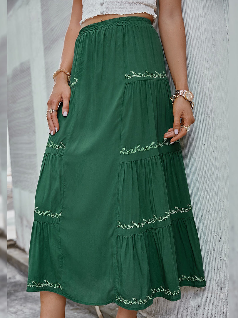 Simplee Bohemian pleated women&#39;s long skirt green A-line leave pattern summer skirt boho Loose elastic waist soft ladies bottom