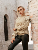 Load image into Gallery viewer, Simplee Autumn Solid O-neck Office Ladies Sweatshirt Khaki Off shoulder Women Pullover Full Regular Sleeves Female Sweatshirt
