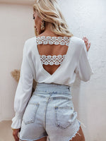 Load image into Gallery viewer, Simplee Elegant hollow out backless lace stitched chiffon blouses
