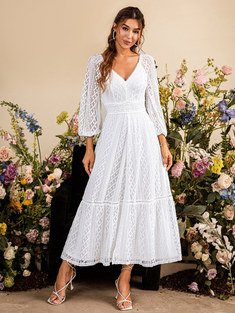 Simplee Buttons white elegant wedding party dress women Embroidery v-neck lantern sleeve even dresses Split ruffle maxi vestido