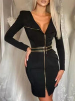 Load image into Gallery viewer, Zipper Design Sexy V Neck Slim Black Dress Women Long Sleeve Elegant Work Dress
