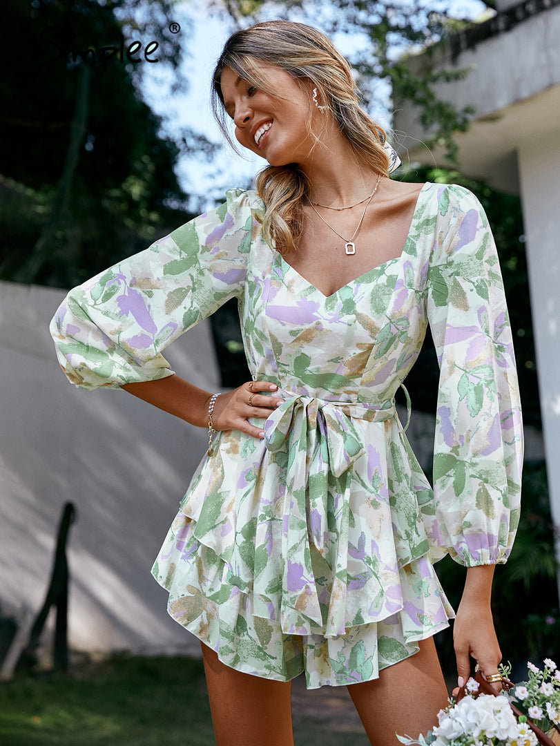 Simplee Holiday sash long sleeve ruffle print romper summer women Lace up floral short
