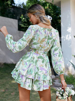 Load image into Gallery viewer, Simplee Holiday sash long sleeve ruffle print romper summer women Lace up floral short
