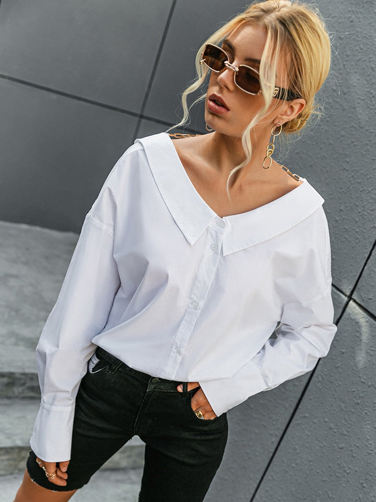 Simplee V neck white Backless chain women blouse shirts