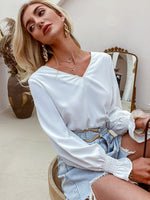 Load image into Gallery viewer, Simplee Elegant hollow out backless lace stitched chiffon blouses
