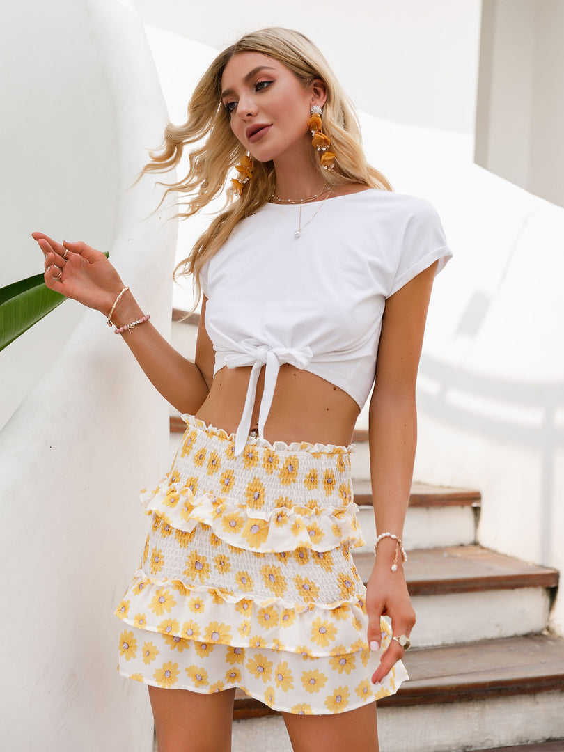 Simplee Summer Casual Yellow Flowers Pleated Women Mini Skirt