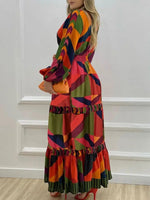 Load image into Gallery viewer, Geometric Print Lantern Sleeve Maxi Dress Women Buttoned V Neck Daily Casual Long Dress
