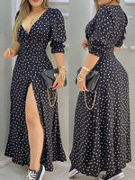 Load image into Gallery viewer, Dot Print Sexy High Slit Maxi Dress Women V Neck Puff Sleeve Summer Long Dress
