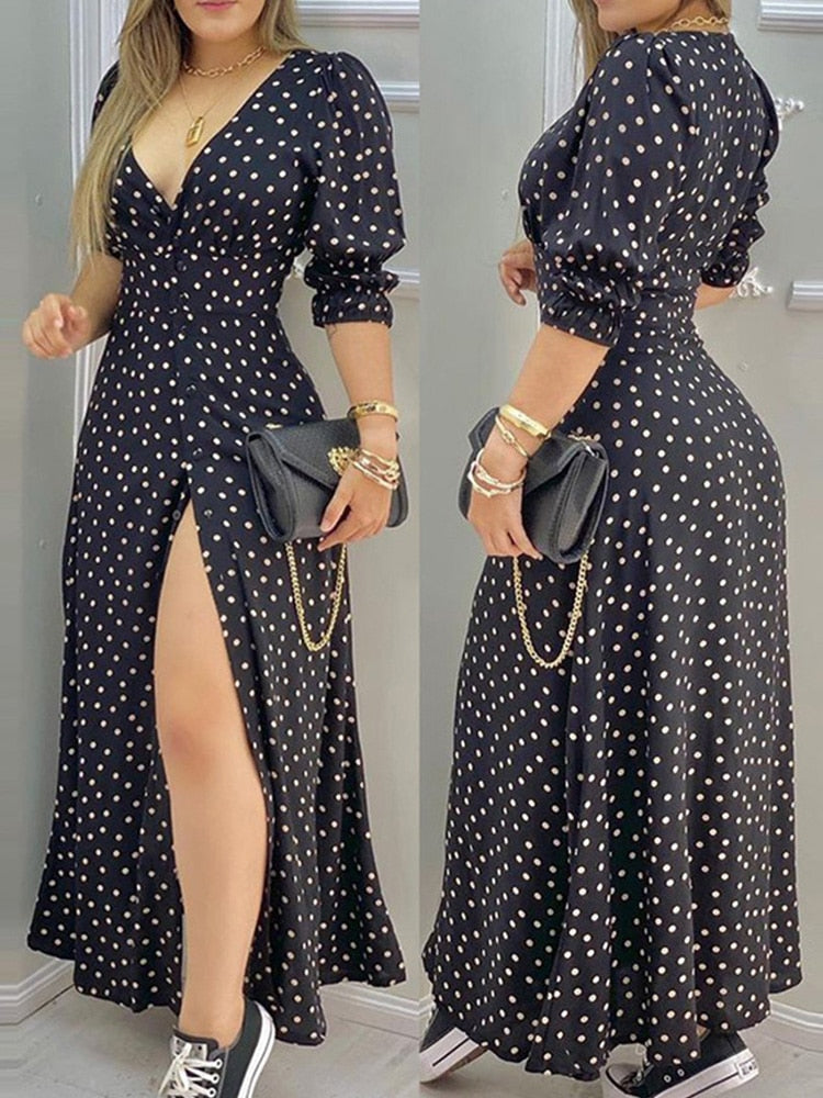 Dot Print Sexy High Slit Maxi Dress Women V Neck Puff Sleeve Summer Long Dress
