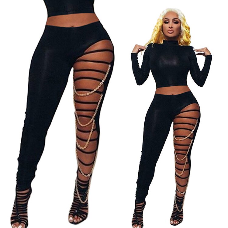 hirigin Sexy High Waist Ripped Leggings Women Black Slim Holes Trousers With Gold Chain Pencil Pants Casual Fashion Clothing