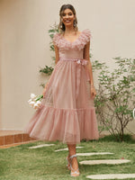 Load image into Gallery viewer, Simplee V-neck mesh polka dot summer tulle party dress women Backless pink ruffle sleeveless dresses Elegant sash maxi vestido
