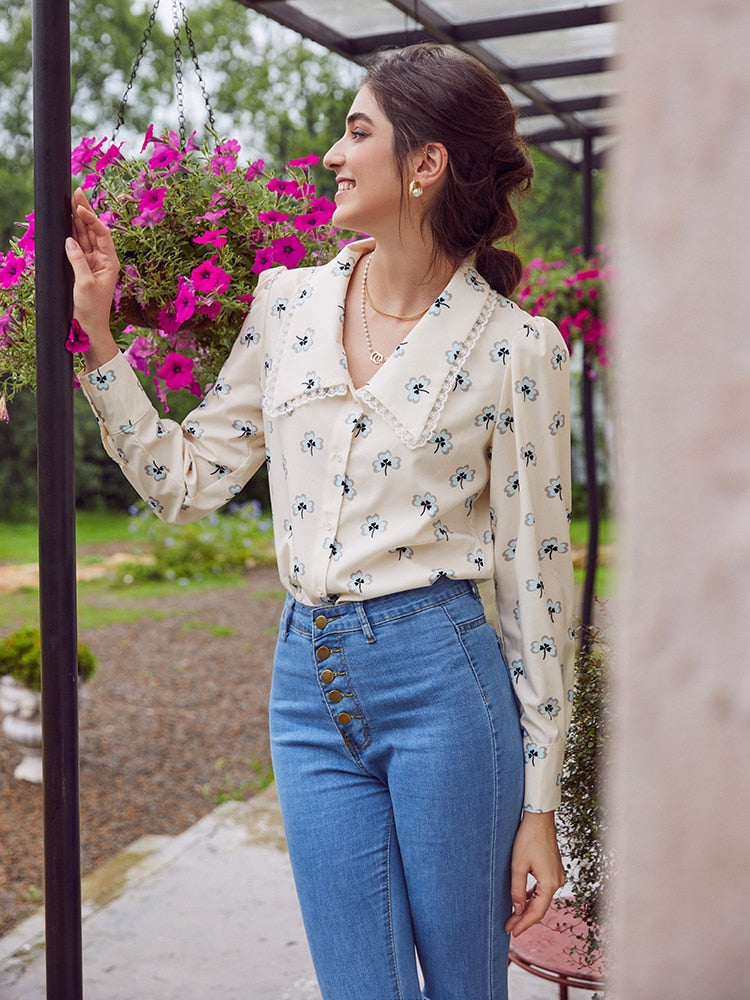 Simplee Vintage puff sleeves floral print blouse women Casual peter pan collar long sleeve office shirt
