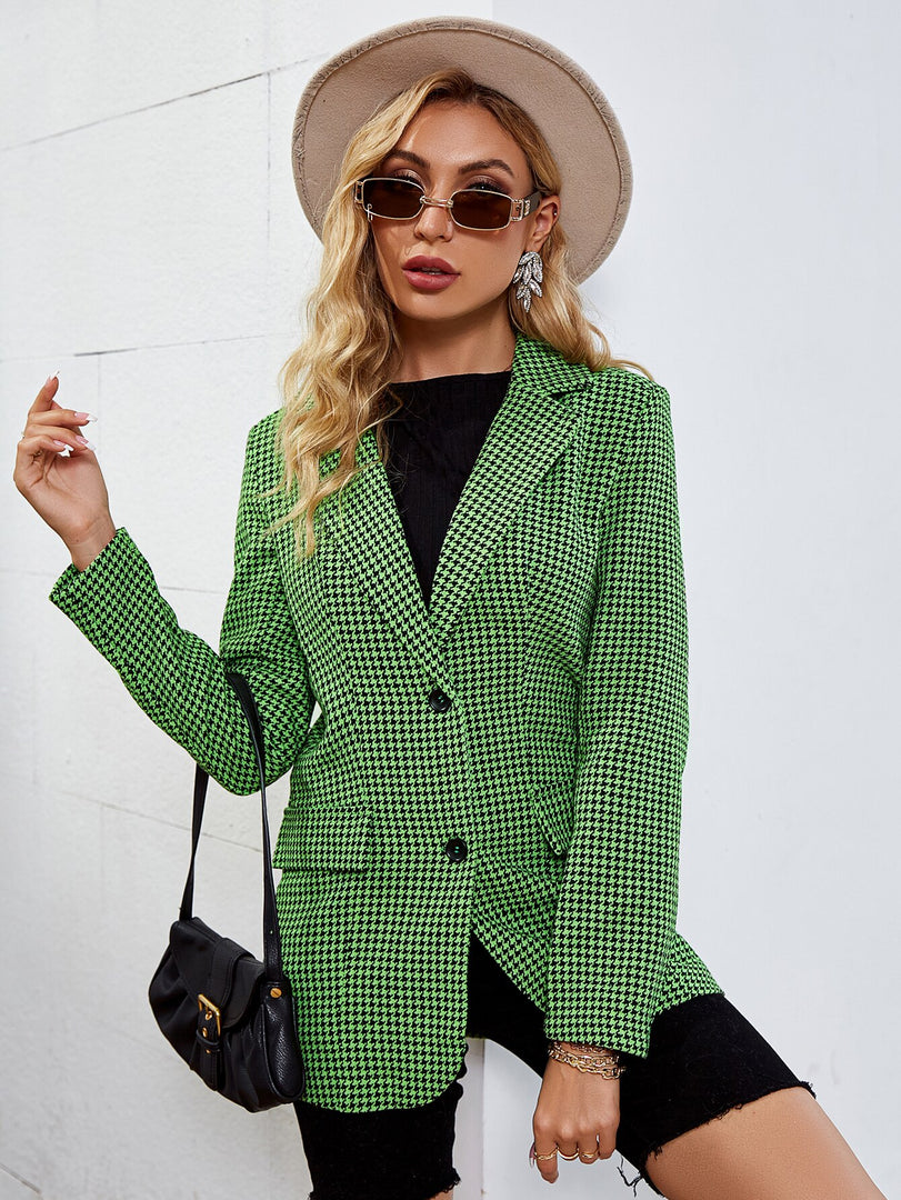 Simplee Houndstooth green pocket office blazer