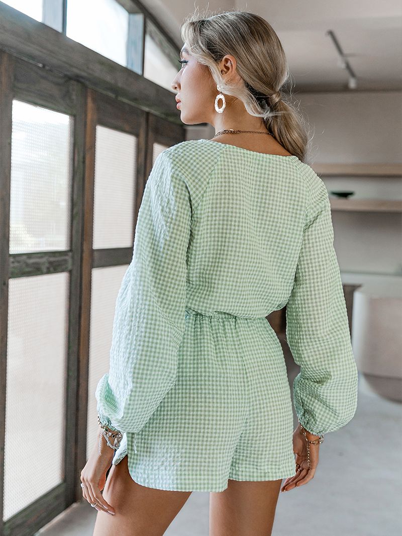 Simplee Casual Green Plaid Two-piece Women Suit Summer