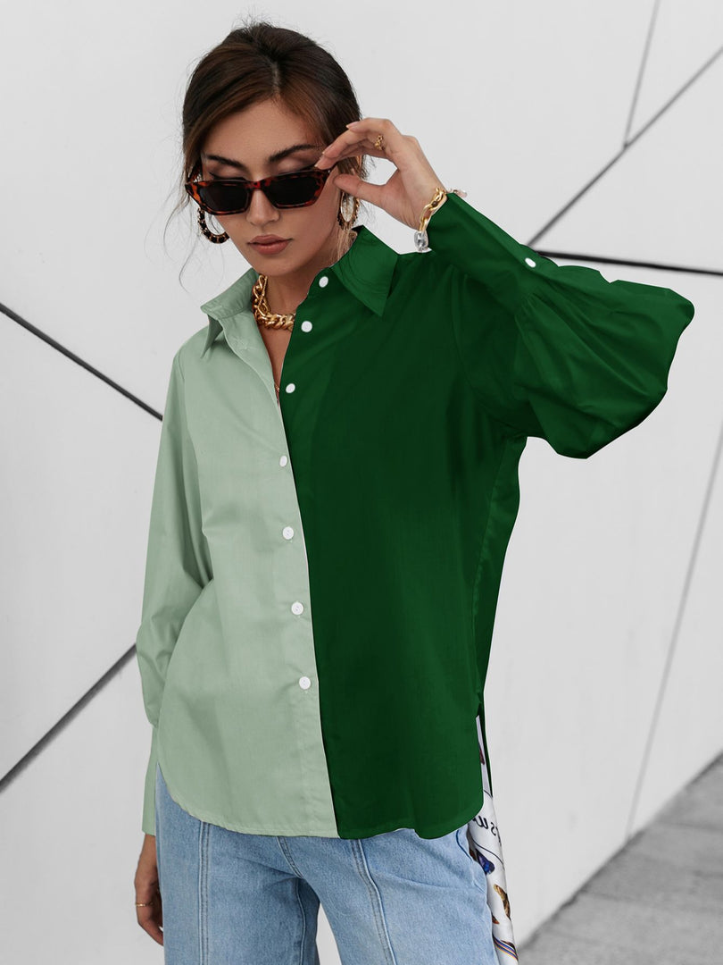 Simplee Autumn Color Block Casual Women Blouse Solid Cotton Lapel Collar Office Lady Shirt Full Lantern Sleeves