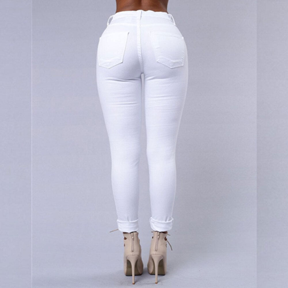 White Hole Ripped Jeans Hight Waist Skinny Bodycon Sexy Trousers Pencil Pants