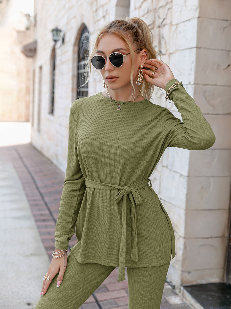 Simplee Casual lace up sheath two piece sets women  Sportwear long sleeve ladies tracksuit sets autumn  O-neck fitness pants set