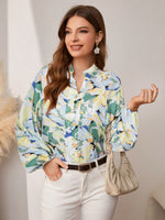 Load image into Gallery viewer, Simplee Holiday buttons lantern sleeves printed women shirt Autumn casual long sleeve beach blouse Loose female elegant shirts
