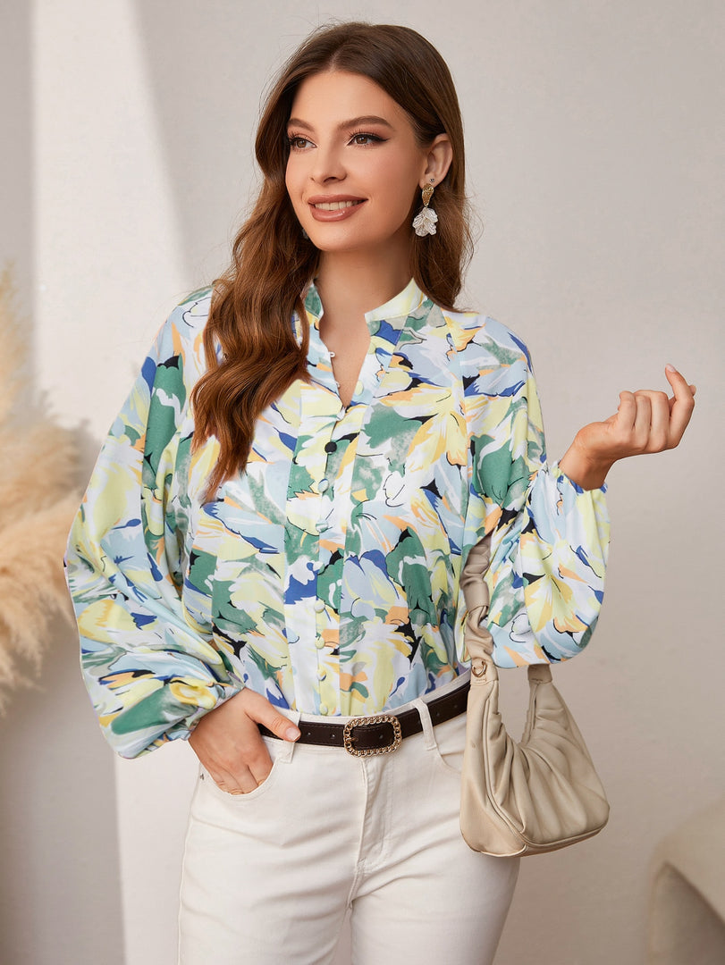 Simplee Holiday buttons lantern sleeves printed women shirt Autumn casual long sleeve beach blouse Loose female elegant shirts