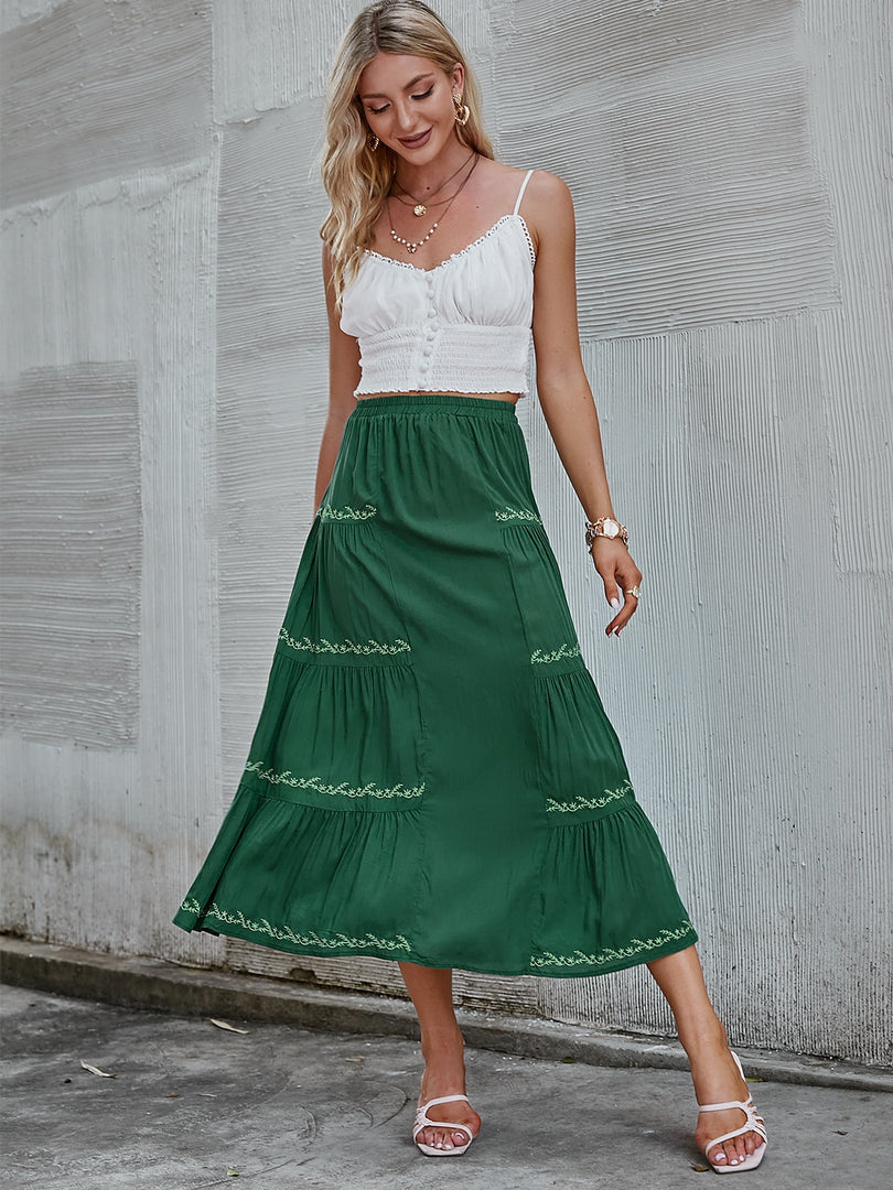 Simplee Bohemian pleated women&#39;s long skirt green A-line leave pattern summer skirt boho Loose elastic waist soft ladies bottom