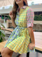 Load image into Gallery viewer, Plaid Print Colorblock Half Sleeve Shirt Dress Women Buttoned Casual Mini Dress

