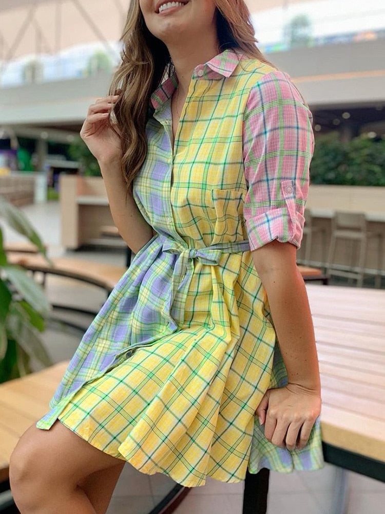 Plaid Print Colorblock Half Sleeve Shirt Dress Women Buttoned Casual Mini Dress