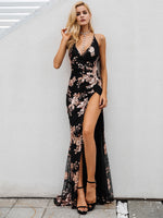 Load image into Gallery viewer, Simplee Sexy lace up halter sequin party dresses women High split maxi dress festa female Christmas evening long dress vestidos
