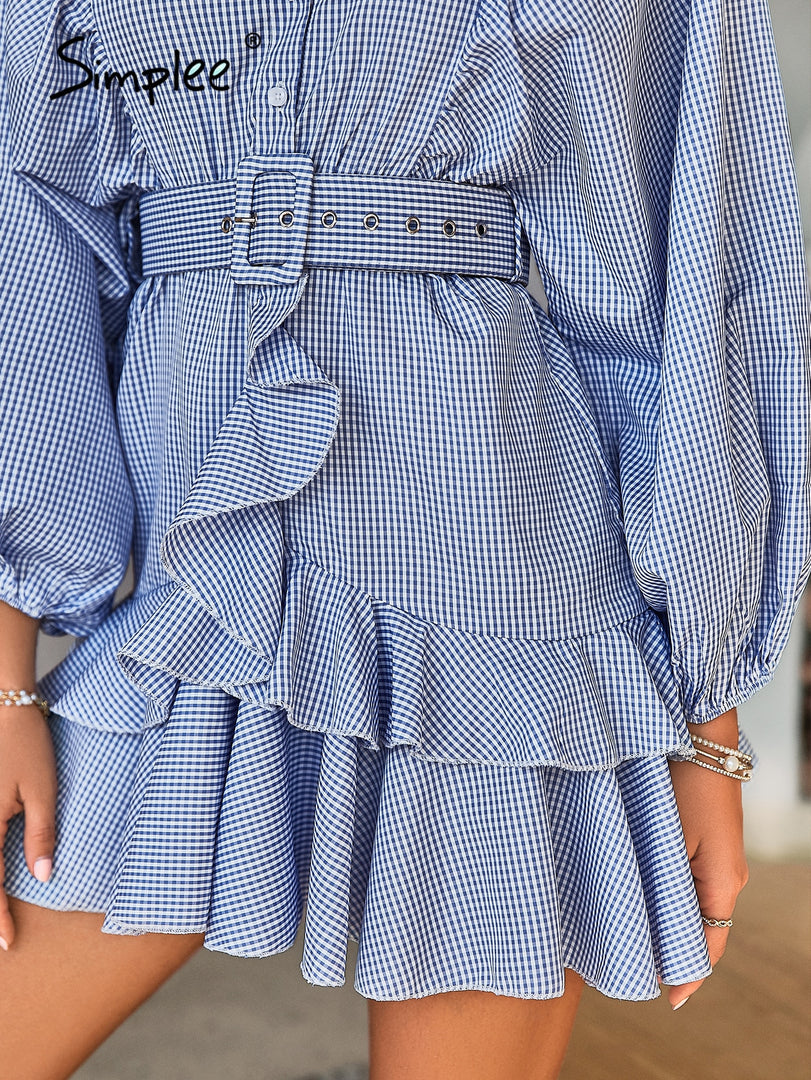 Simplee Belt blue plaid batwing long sleeve women dress summer Office ruffle shirt mini dress Casual button A-line mujer vestido