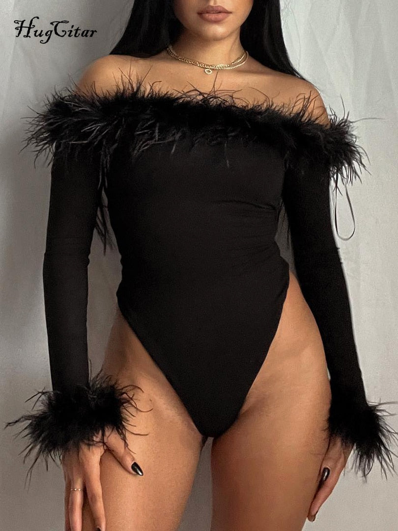 Hugcitar Feather Slash Neck Long Sleeve Solid Elegant Sexy Bodycon Bodysuit