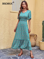 Load image into Gallery viewer, Blue Mint Green Loose Short Sleeve Middle Waist V-neck A-line Flower Print Dress
