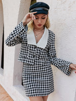 Load image into Gallery viewer, Simplee Office plaid doll collar blazer suits for women autumn Elegant checkered female suit with skirt Pocket two piece sets
