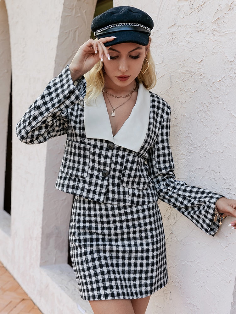 Simplee Office plaid doll collar blazer suits for women autumn Elegant checkered female suit with skirt Pocket two piece sets