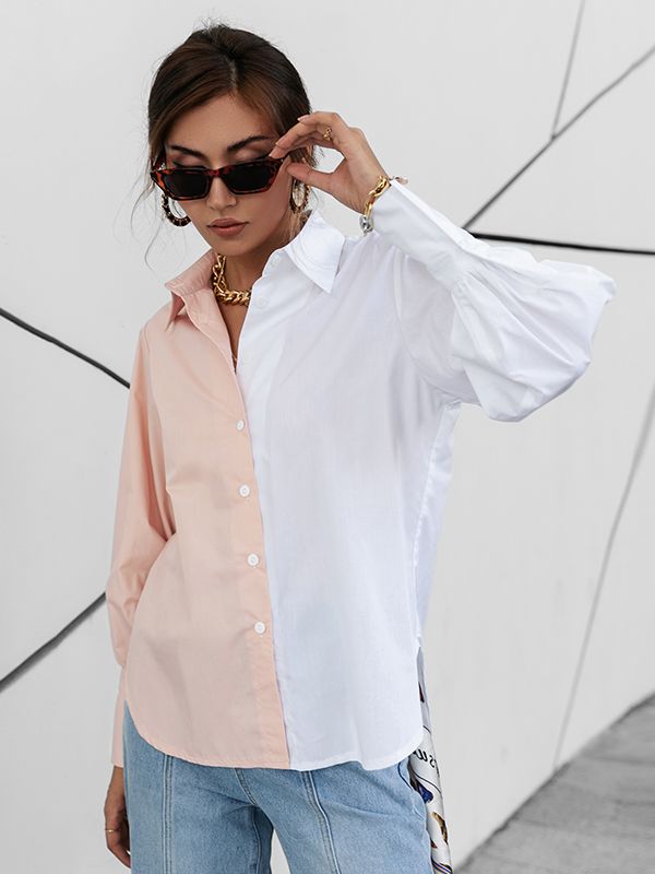 Simplee Autumn Color Block Casual Women Blouse Solid Cotton Lapel Collar Office Lady Shirt Full Lantern Sleeves