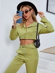 Simplee Office v-neck long sleeves crop top pant set Notched button belt high waist pants suit Shoulder pad green two piece sets