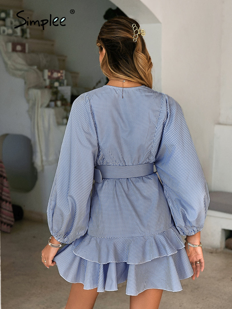 Simplee Belt blue plaid batwing long sleeve women dress summer Office ruffle shirt mini dress Casual button A-line mujer vestido