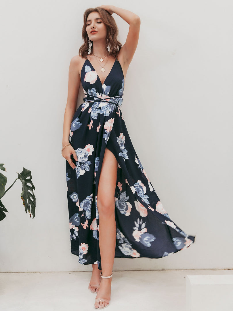 Simplee Sexy holiday print straps backless summer party dress