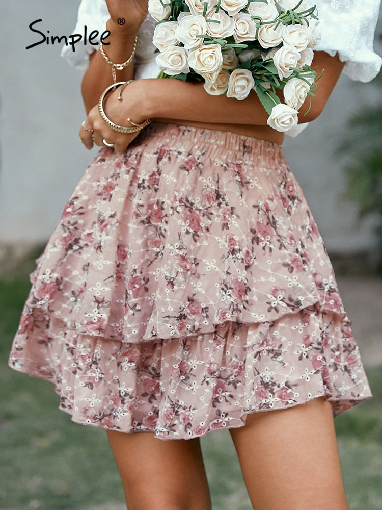 Simplee Floral emboridery boho elastic casual skirt