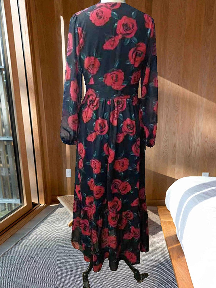 Floral Print Long Sleeve V Neck Casual Chiffon Maxi Dress