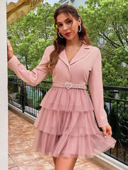 Simplee Elegant tulle belt party dresses women Notched tulle patchwork blazer dress Shoulder pads long sleeve mini evening robe