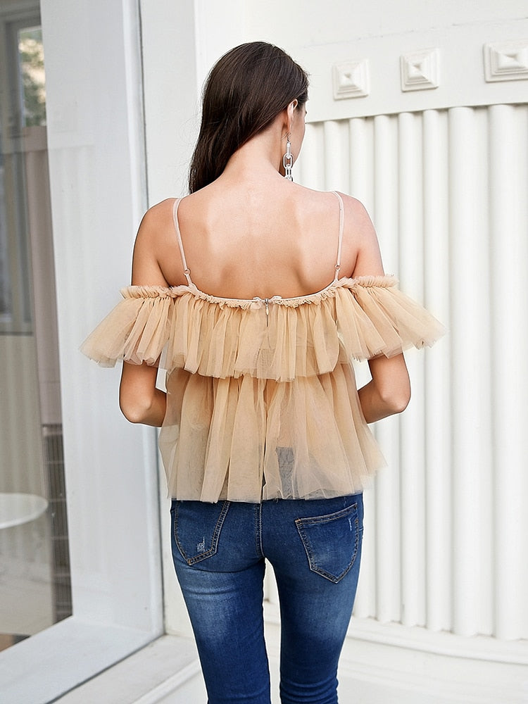 Simplee V-neck mesh lace up sexy blouse summer women Strap boho ruffle cold shouler elegant tops Tulle see through casual shirt